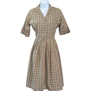 Vintage 1950s Laura Mae Life Dress Cotton Shirtwaist Geometric Rockabilly Retro
